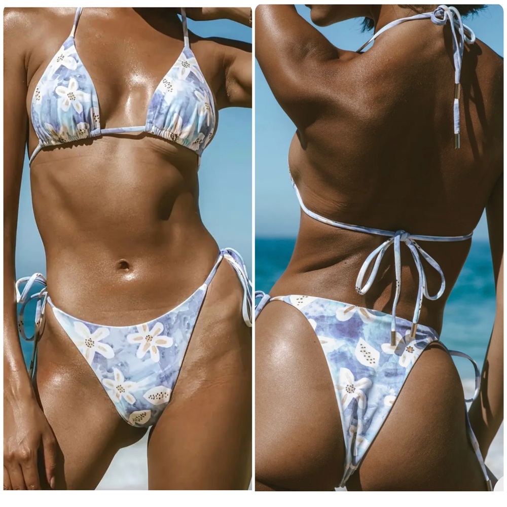Blue Floral Triangle Halter Side Tie Cheeky Bikini Set
